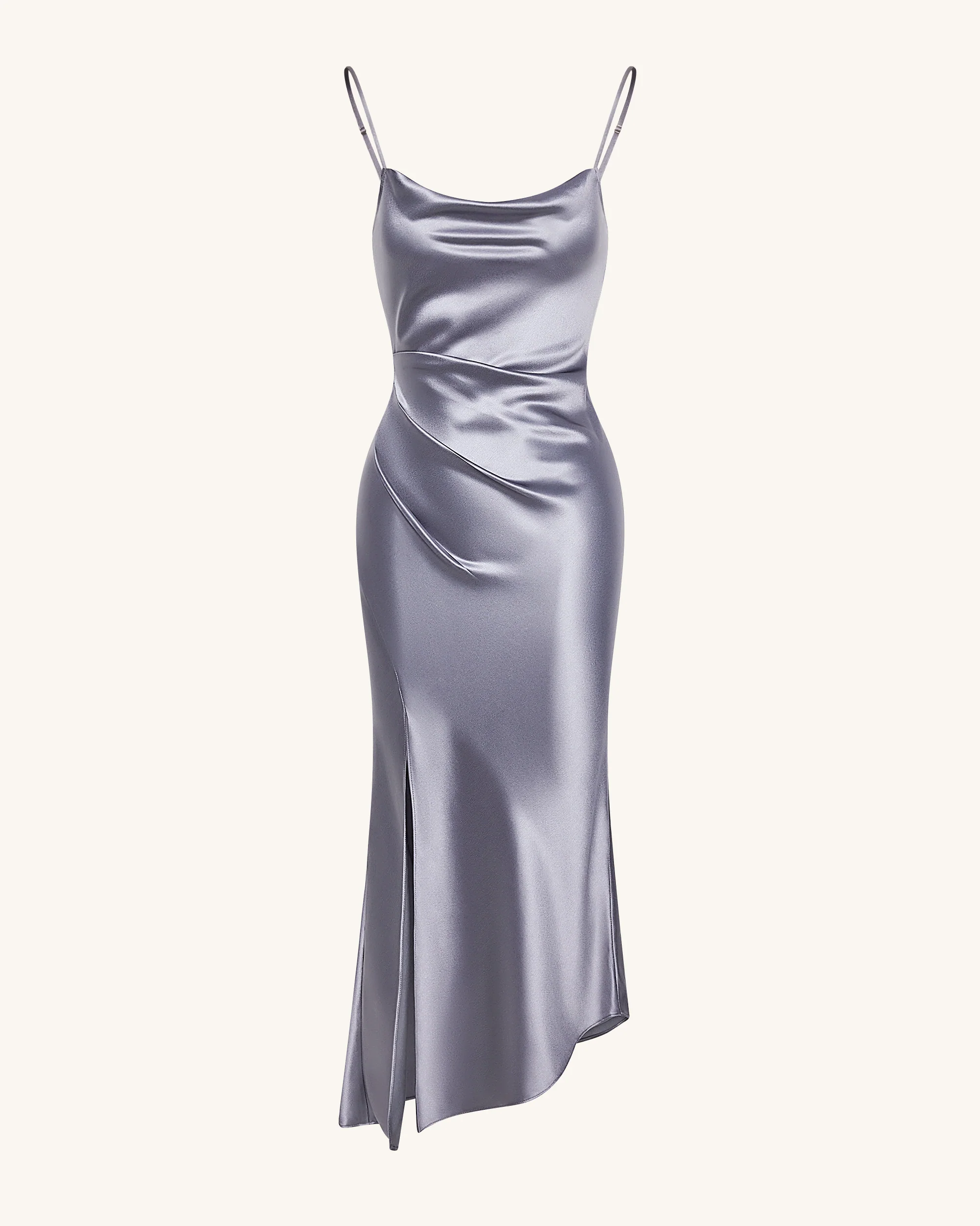 Abito in raso liquido con scollo drappeggiato e spacco - Argento - Image 3