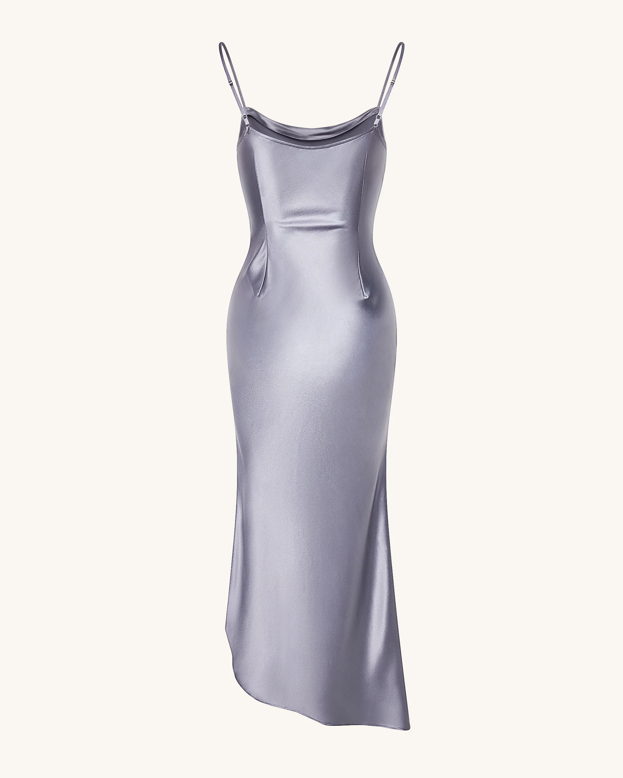 Abito in raso liquido con scollo drappeggiato e spacco - Argento - Image 5